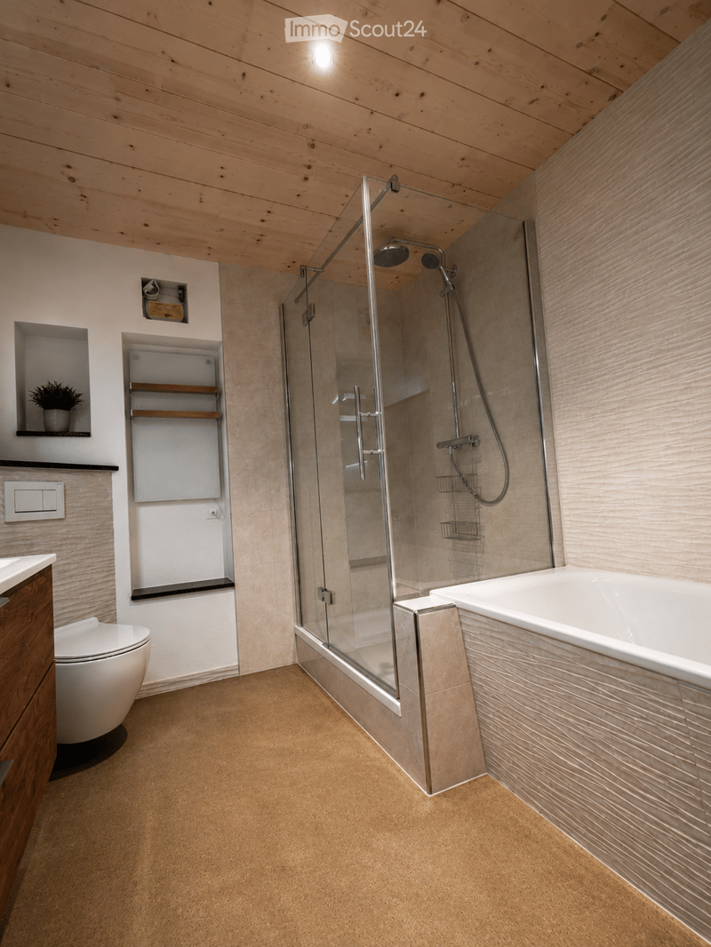 Modern bathroom with wooden ceiling, glass-enclosed shower, bathtub, toilet, built-in shelves, and a small potted plant on a shelf.
