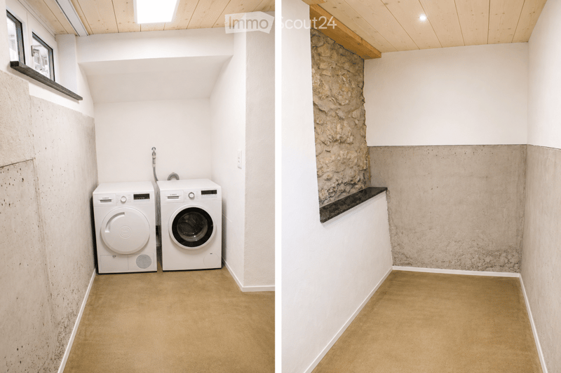 Modern bathroom with white washing machine and dishwasher, concrete walls, and wooden ceiling.