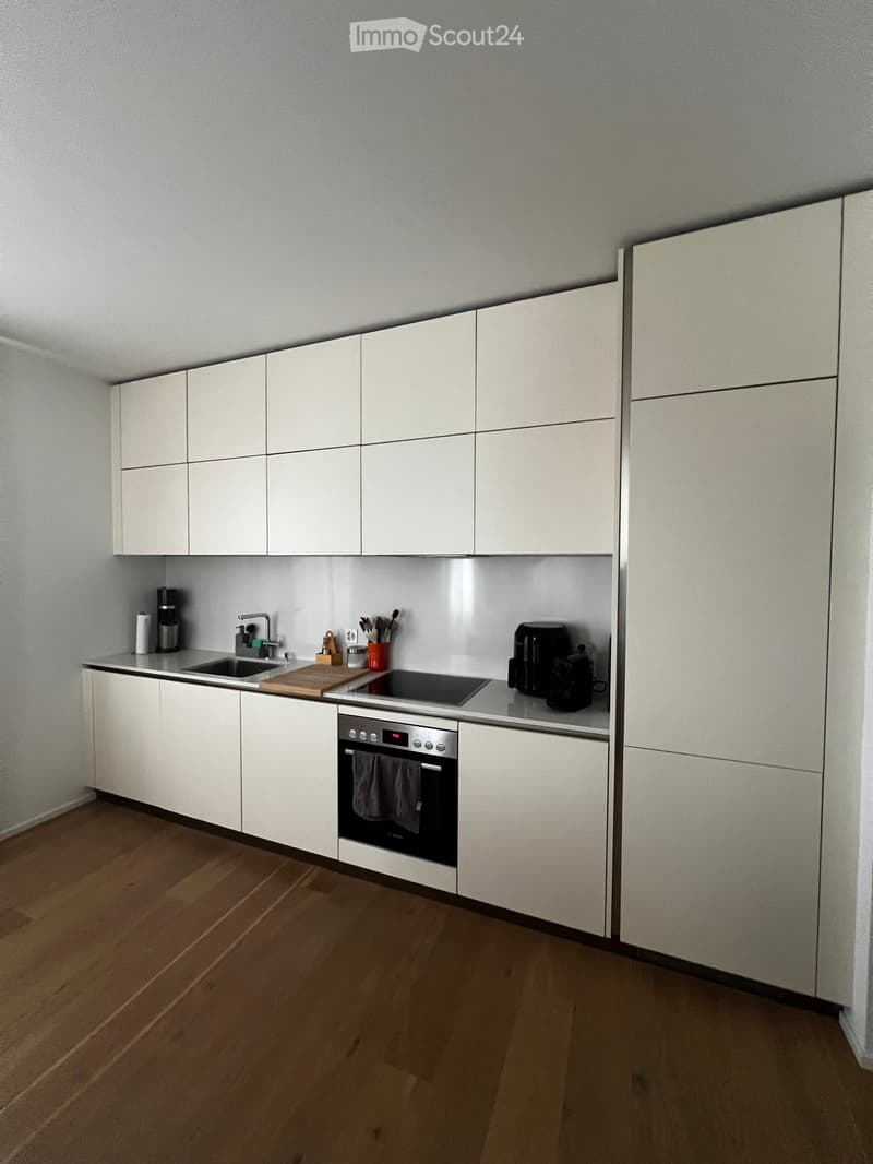 Modern kitchen with white cabinets, wooden floor, stainless steel appliances, and a sink with a faucet.