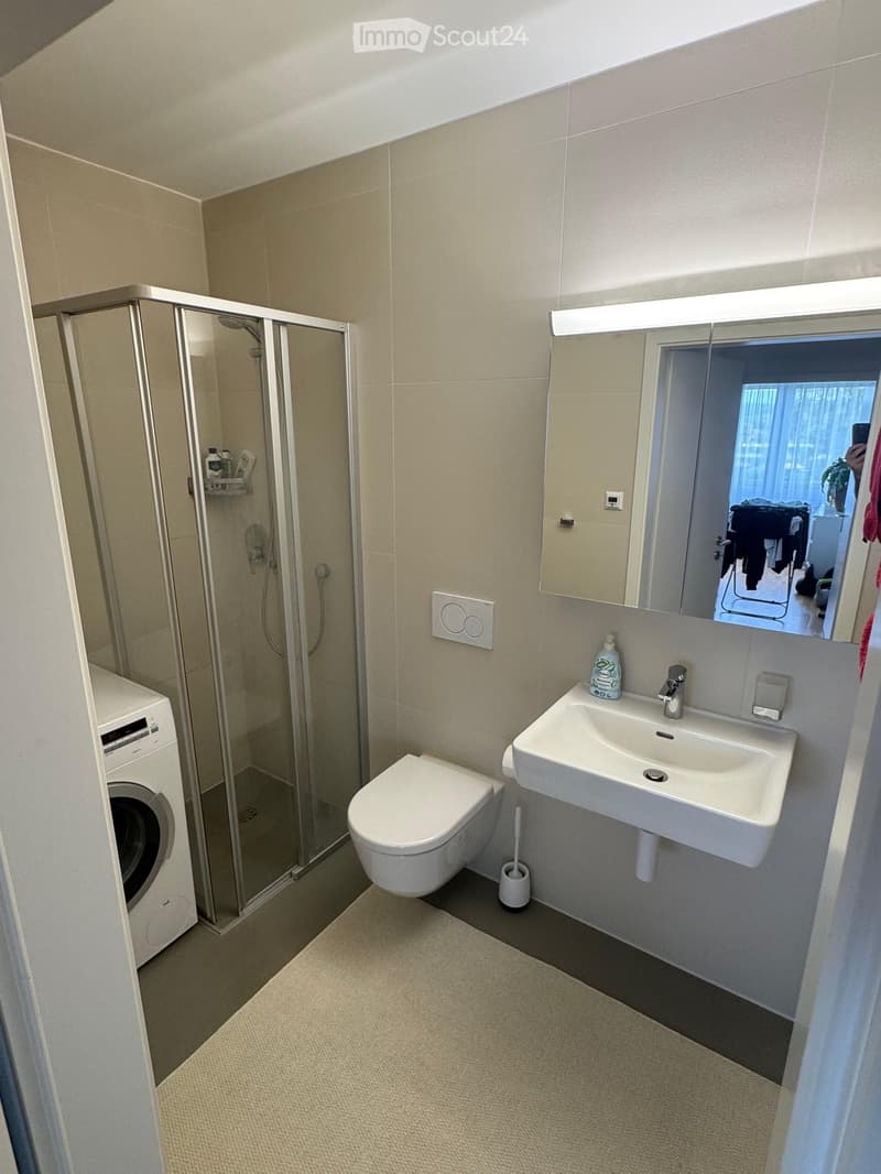Modern bathroom with a toilet, sink, mirror, shower, and washing machine. Light-colored tiles and a carpeted floor.