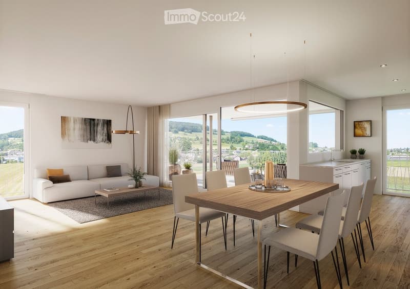 modern living room with large windows, wooden floor, white couch, coffee table, dining table, chairs, kitchen, balcony, plants, lamps