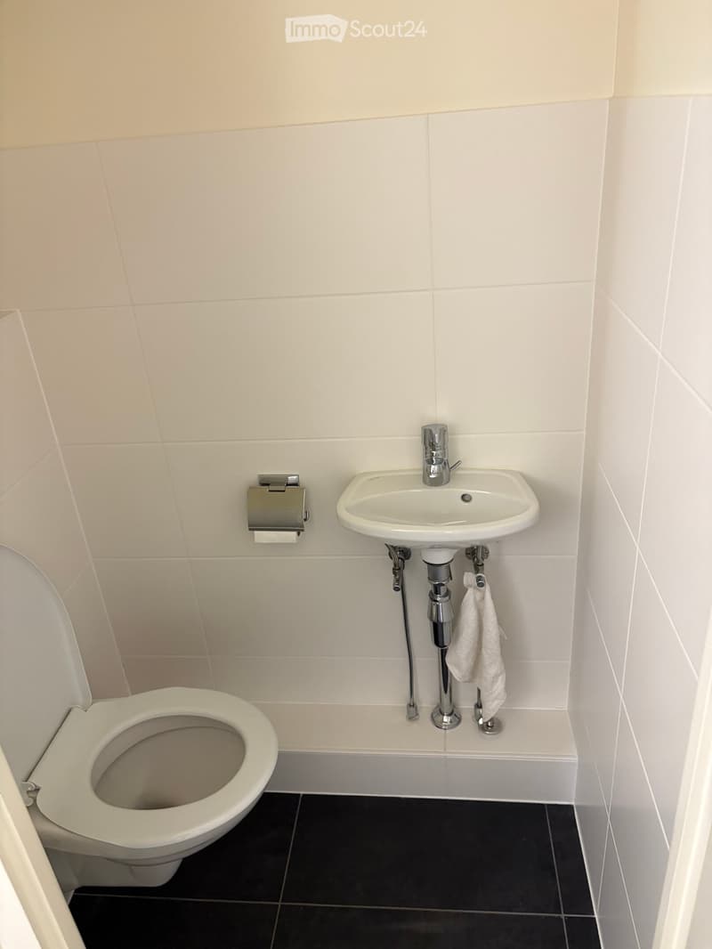 Modern bathroom with white tiled walls, black tiled floor, toilet, sink with chrome faucet, towel, and toilet paper holder.