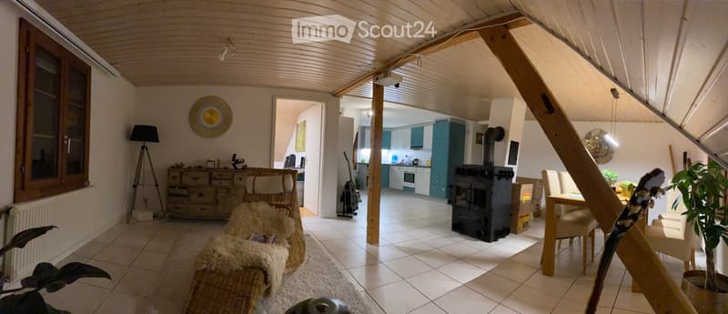 {"type": "Furnished Room", "objects": ["sofa", "table", "chair", "guitar", "wood stove", "kitchen cabinets", "kitchen counter", "kitchen sink", "kitchen stove", "kitchen refrigerator", "kitchen microwave", "kitchen dishwasher", "kitchen oven", "kitchen si