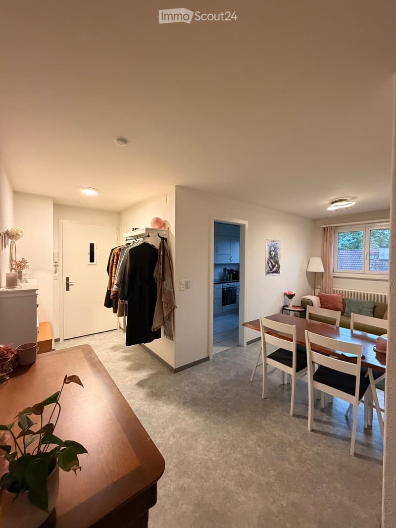 Bright living and dining area with a sofa, dining table, chairs, coat rack, and decorative items.