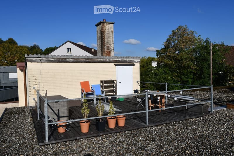Rooftop terrace with wooden decking, metal railing, potted plants, and outdoor furniture including chairs and a table.