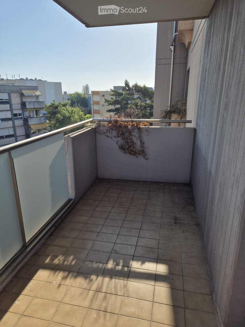 Balcony with tiled floor, metal railing, and a small plant on the railing.