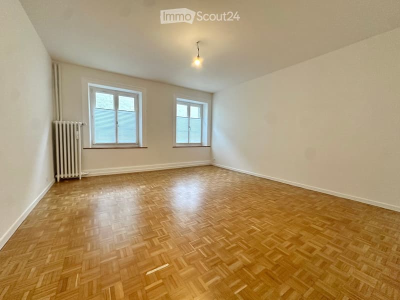 Empty room with wooden herringbone flooring, white walls, two windows, radiator, and a single ceiling light fixture.