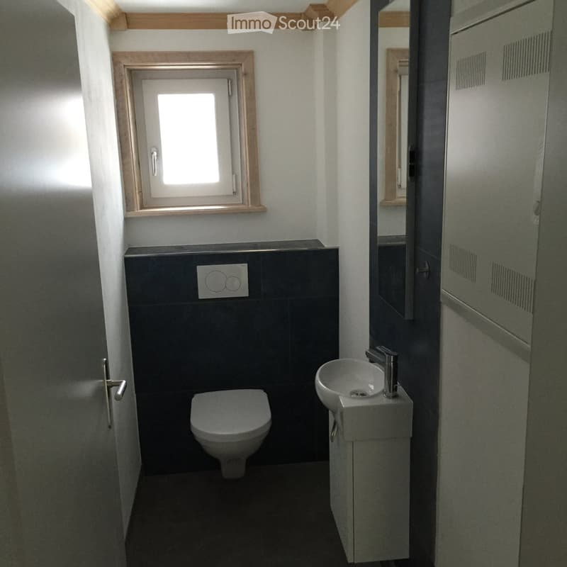 Modern bathroom with a toilet, sink, and mirror. The walls are painted white with dark grey tiles around the toilet and sink area. A small window is located above the toilet.