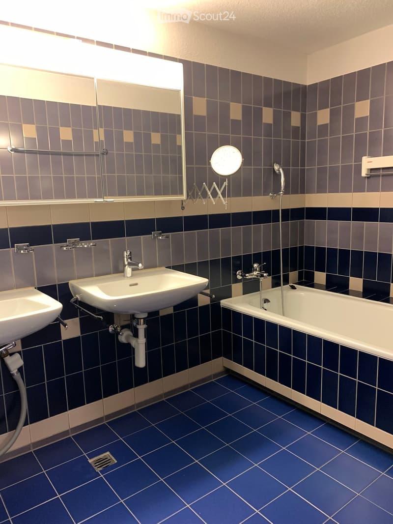 {"visible_features": ["Bathtub"],"type": "Bathroom","description": "Bathroom with blue and gray tiled walls, a bathtub, two sinks, and a mirror"}