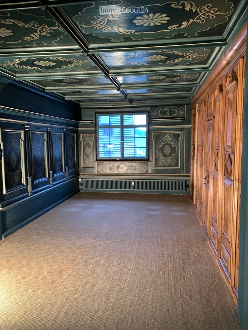 Ornate hallway with dark green painted walls and ceiling, wooden paneling, large window, and carpeted floor.