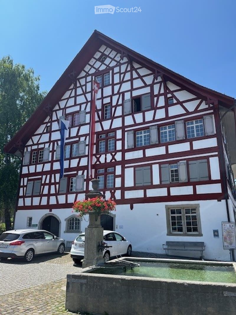 Traditional half-timbered building with red and white facade, multiple windows, and a flagpole. Two parked cars and a small fountain with flowers are visible in front.