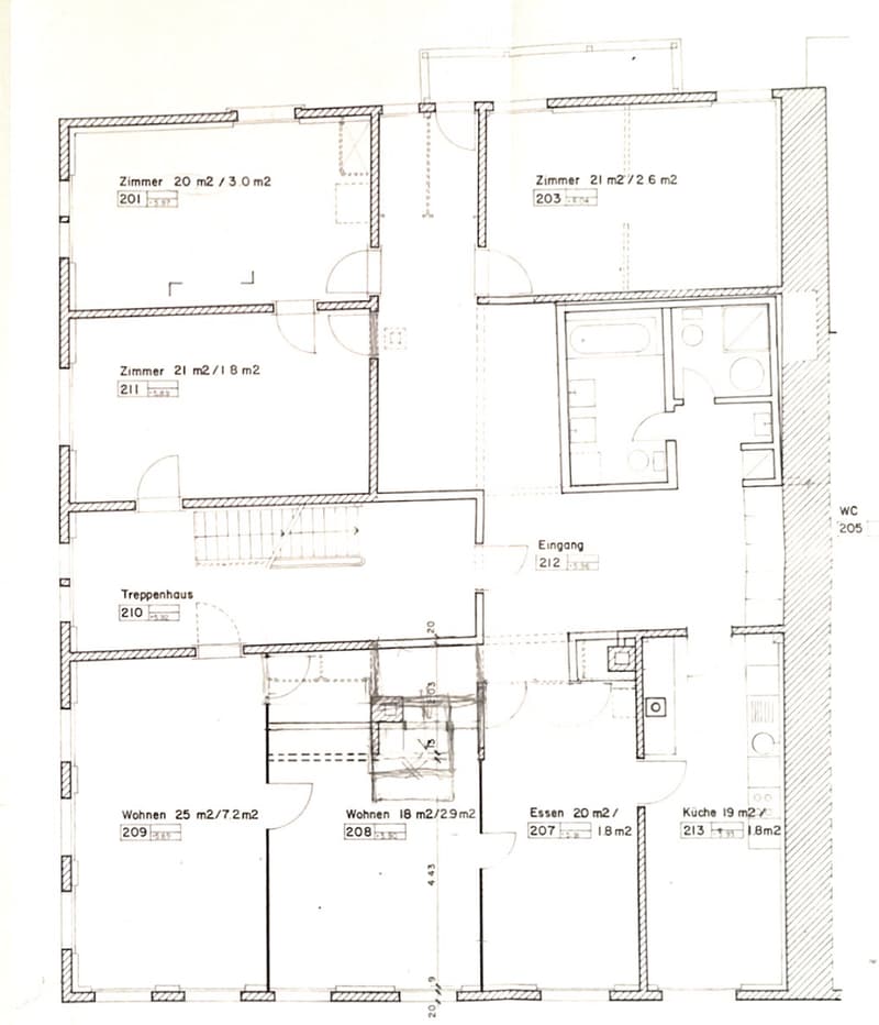 Floor plan showing a multi-room layout including living, dining, kitchen, bedrooms, and a staircase. Rooms are labeled with square footage and room numbers.