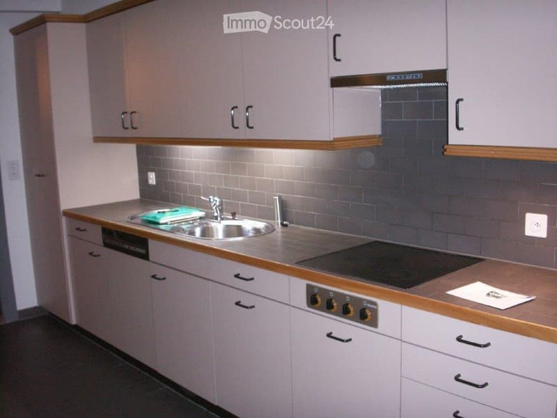 Modern kitchen with light-colored cabinets, stainless steel sink, and electric stovetop. Countertop has a few items including a green folder and a white paper.