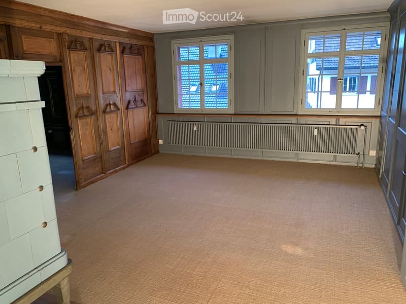 Empty room with wooden paneling on one wall, carpeted floor, radiator, and large windows with a view of the roof.