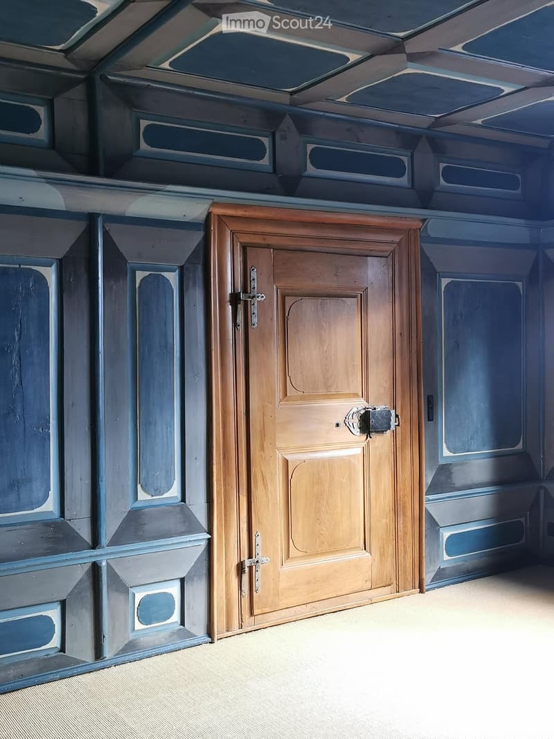 {"visible_features": [],"type": "Interior","description": "The image shows the interior of a room with a wooden door and a decorative blue and gray paneled wall. The ceiling appears to have a geometric pattern of recessed panels. The overall aesthetic s