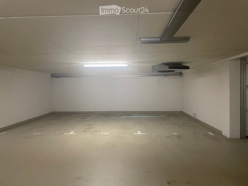 Empty underground parking space with concrete floor, white walls, fluorescent lighting, and numbered parking spots.