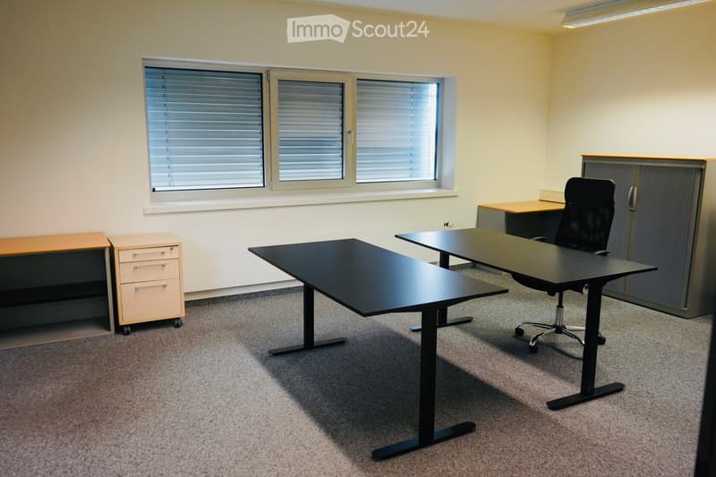 Office space with grey carpet, white walls, large windows with blinds, and modern furniture including a black chair, black table, and a small cabinet.