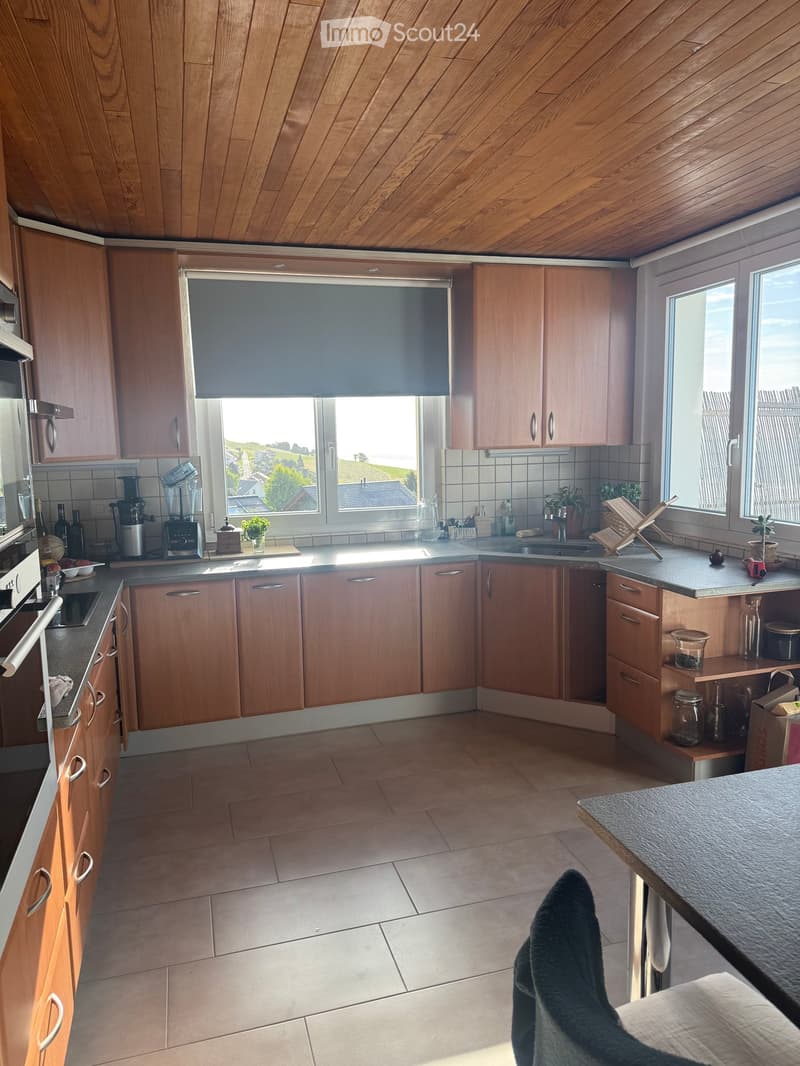 Modern kitchen with wooden cabinets, stainless steel appliances, and a large window overlooking a scenic landscape.