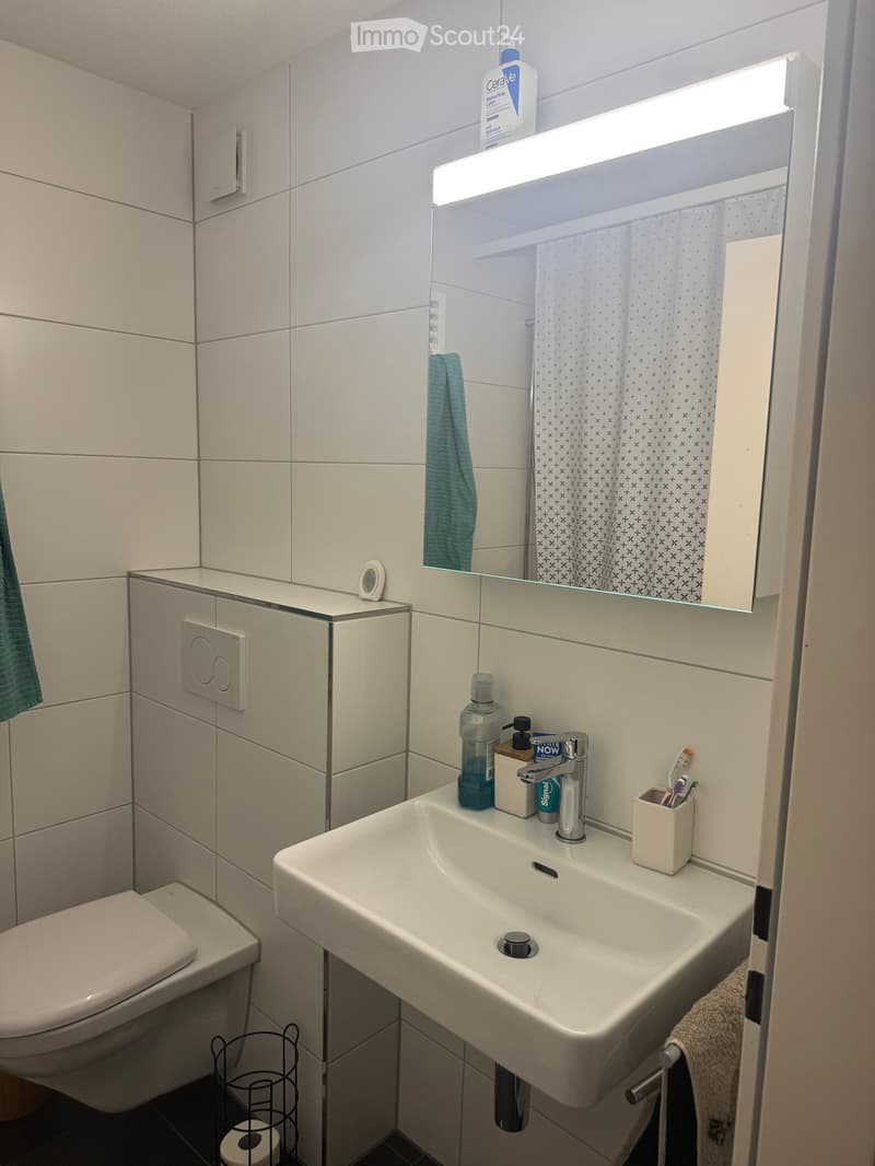 Modern bathroom with white tiles, a sink with a mirror, a toilet, and various toiletries including a toothbrush holder, toothpaste, and a soap dispenser. A towel hangs on the side.