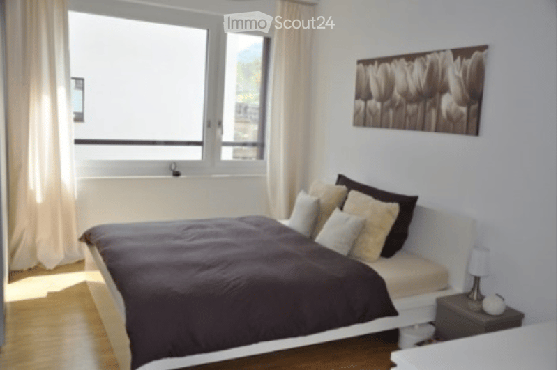 Modern bedroom with a large bed, multiple pillows, a nightstand with a lamp, and a large window with curtains. A decorative picture of flowers hangs on the wall.