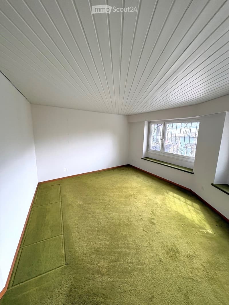 Empty room with light green carpet, white walls, and a window with decorative bars. The ceiling has a textured, ribbed design.