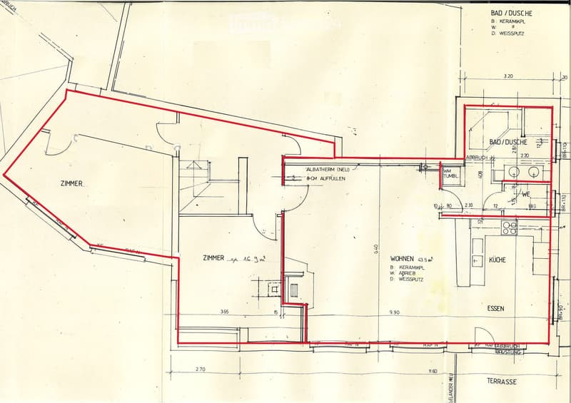 Floor plan showing a room layout with labeled areas including a kitchen, living area, bedroom, bathroom, and terrace.