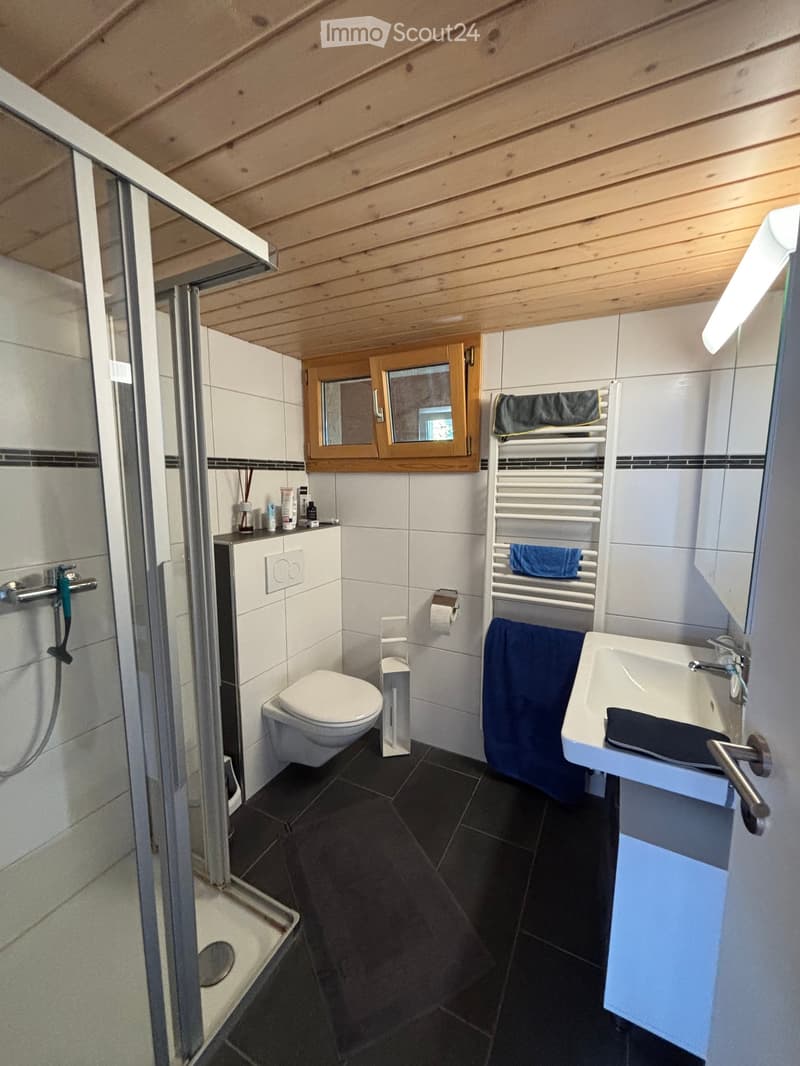 Modern bathroom with dark tiled floor, white walls, shower stall, toilet, sink, towel rack, and window with wooden frame.
