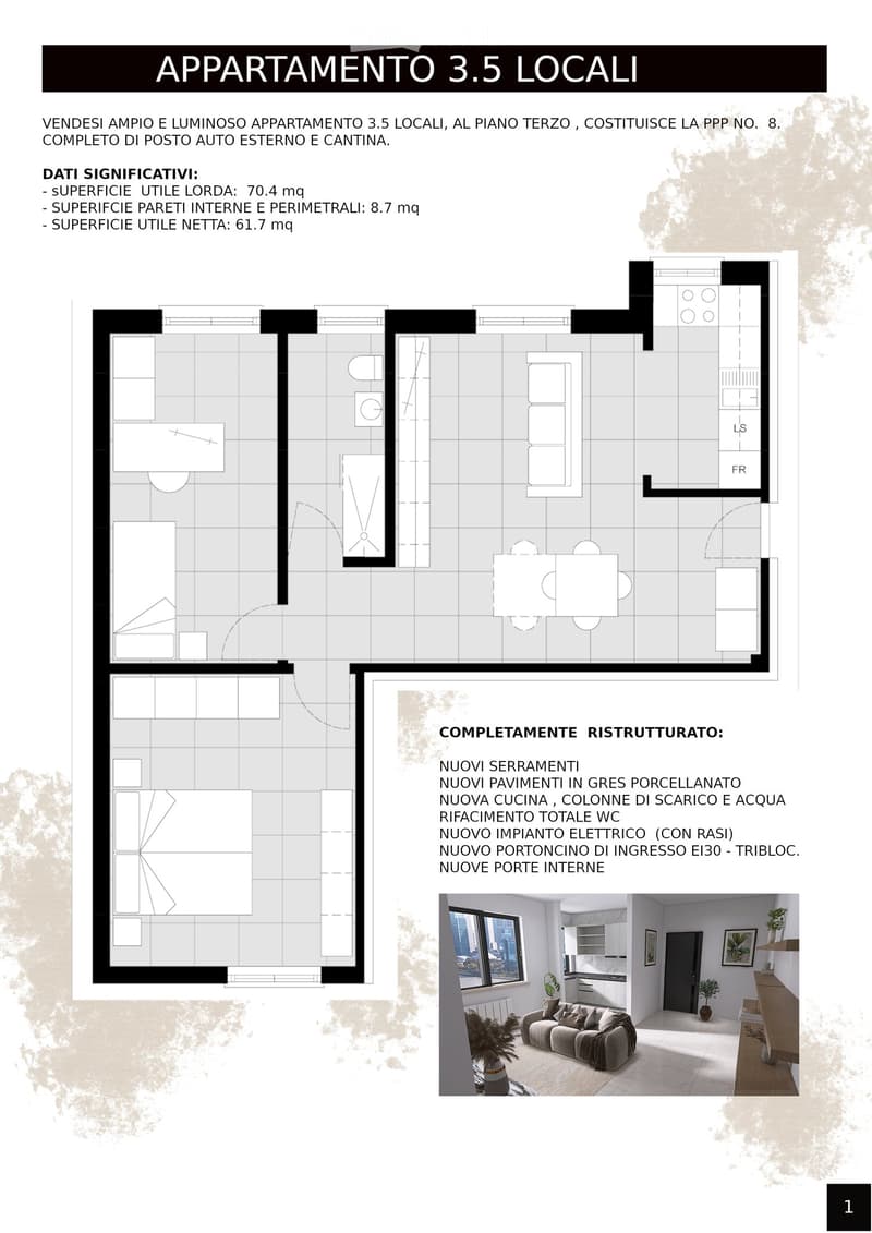 Floor plan of a 3.5-room apartment on the third floor, including a parking space and a storage room.