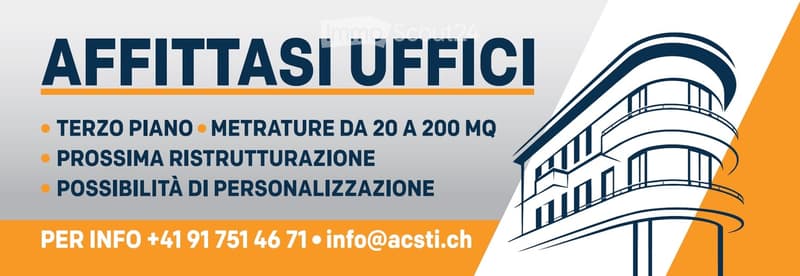 Promotional poster for office rentals, featuring a stylized building illustration and text in Italian.