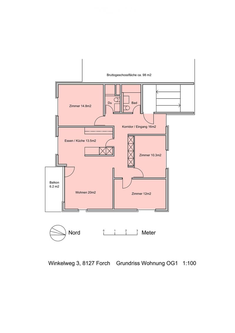 Floor plan of a 98 m² apartment with living room, kitchen, two bedrooms, bathroom, hallway, and balcony.