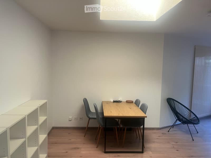 A modern, minimalist room with light wooden flooring, white walls, and a skylight. It features a wooden dining table with four chairs, a sleek white shelving unit, and a contemporary black wire chair.