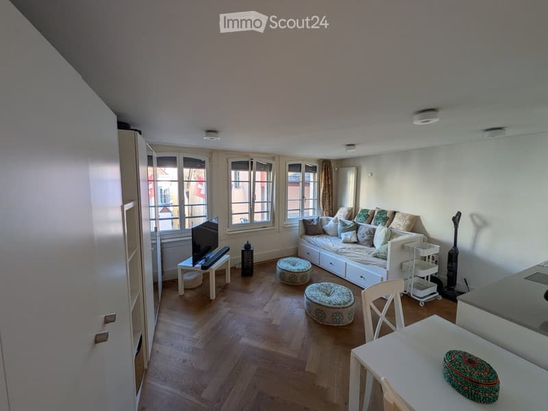 A modern, well-lit living space with wooden flooring, large windows, a sofa, a TV, and a small dining area.