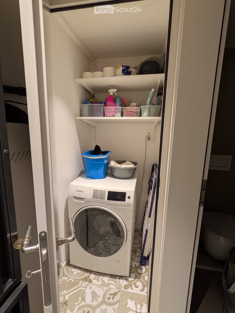 A compact bathroom with a white Siemens washing machine, shelves holding cleaning supplies, and a toilet visible in the background.