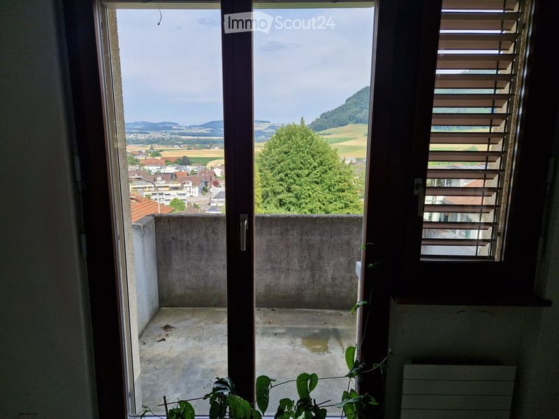 Balcony with concrete floor, open view of town and countryside, wooden shutters, small plant near the window.