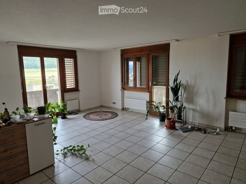 Bright, unfurnished room with tiled flooring, large windows, and several potted plants. Includes a small table with a laptop and a drawer unit.