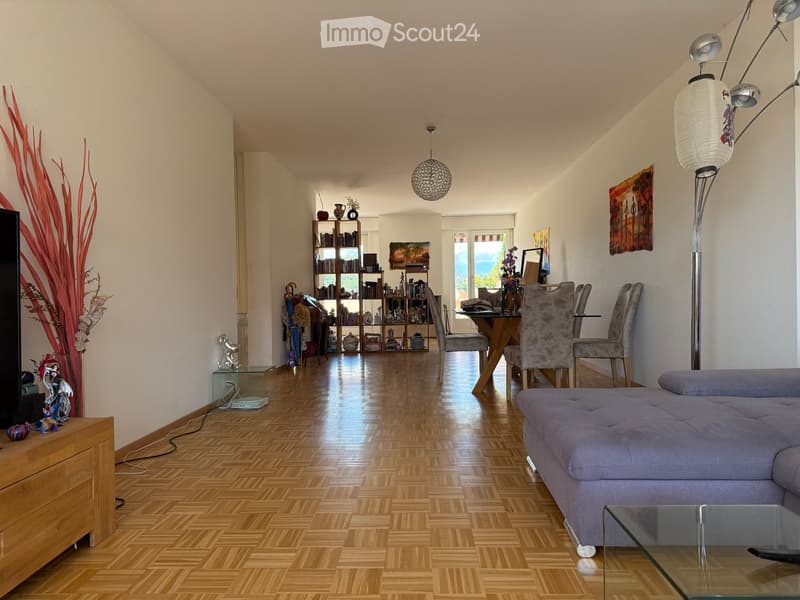 A spacious living room with wooden flooring, a grey sofa, a glass coffee table, a dining area with a table and chairs, a bookshelf, and decorative items.