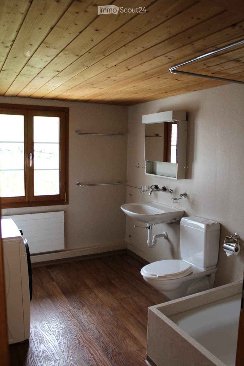 Bathroom with wooden floor, sink, toilet, mirror, radiator, and window with wooden frame.