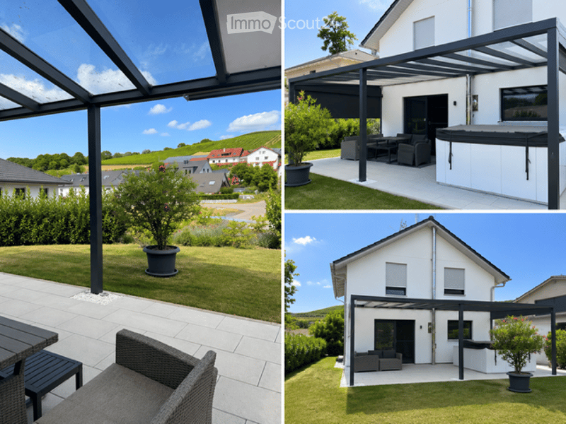 Four images showing a modern house with a spacious patio, outdoor seating, and a swimming pool. The patio features a pergola, outdoor furniture, and potted plants. The surrounding area includes a well-maintained lawn, garden beds, and scenic views of the
