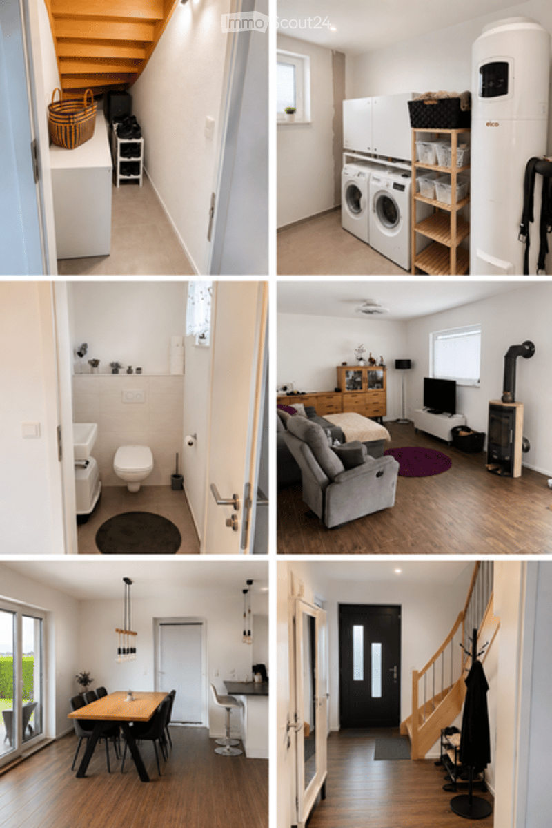 A collage of six images showcasing various rooms in a modern house: a hallway with a staircase, a laundry room, a bathroom, a living room, a dining area, and an entrance area. Each room features contemporary design elements and functional furniture.