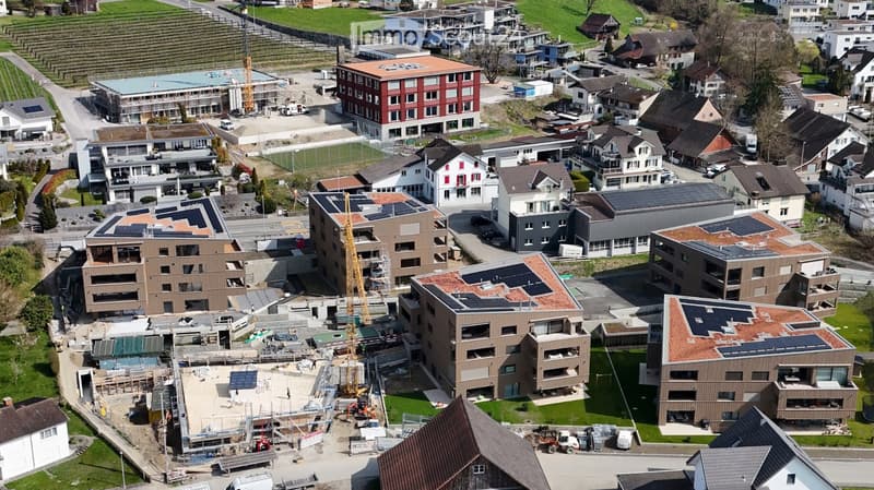 Aerial view of a residential area with multiple buildings, some under construction, surrounded by green fields and vineyards.