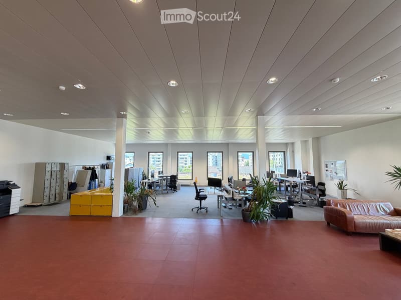 Open-plan office space with red tiled floor, white walls, and large windows. Features a leather sofa, desks with computers, chairs, a printer, cabinets, and potted plants.