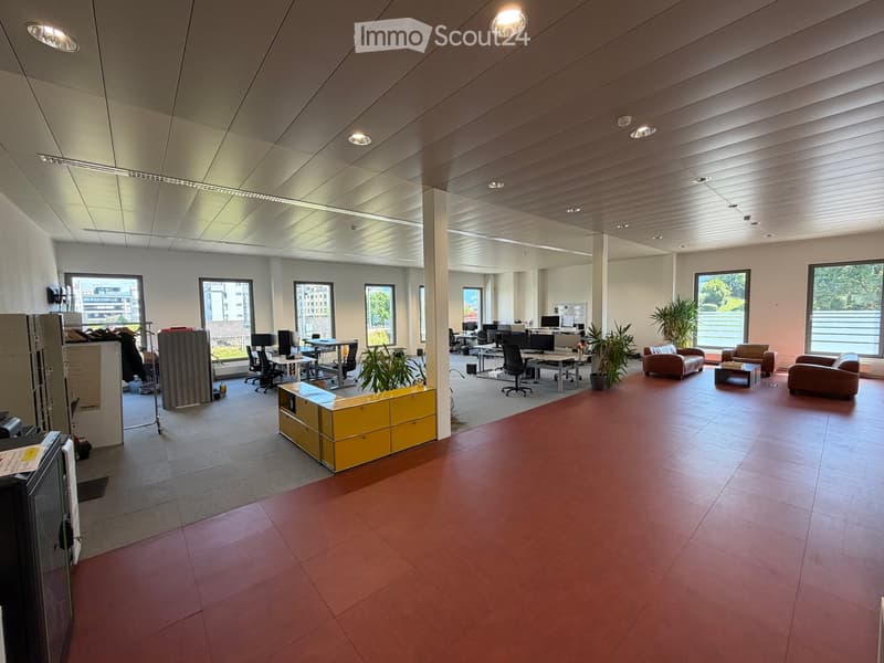 Modern office space with red tiled floor, large windows, desks, chairs, sofas, and plants.