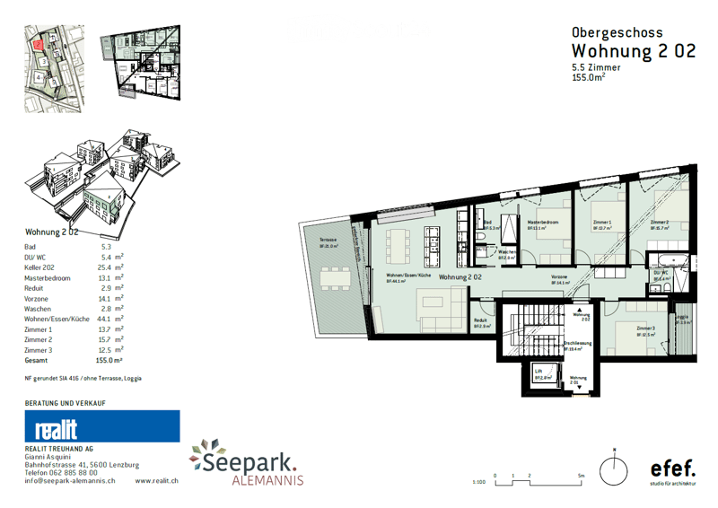 Floor plan of a 5.5-room apartment on the upper floor, including a master bedroom, three bedrooms, a bathroom, a kitchen, and a living area.