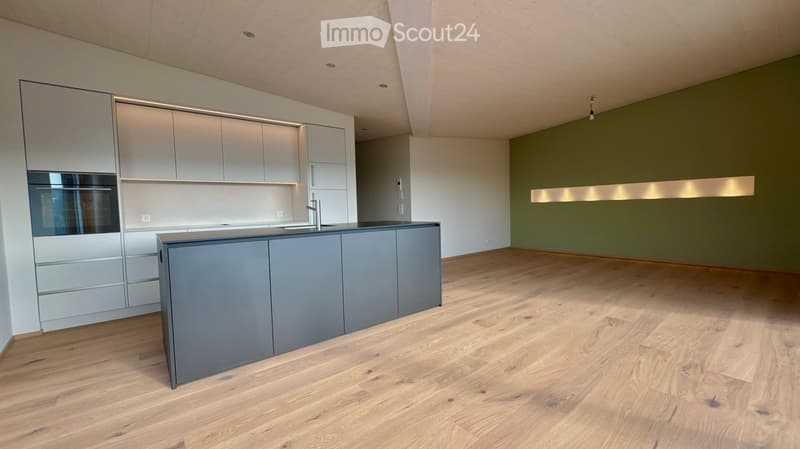 Modern kitchen with grey cabinets, island, and wooden flooring. No furniture or appliances visible.