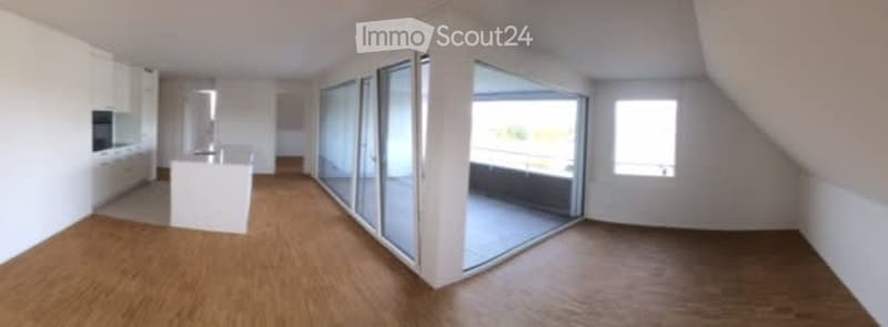 Bright, open-plan attic space with wooden flooring, large glass sliding doors leading to a balcony, and white cabinetry in the background.