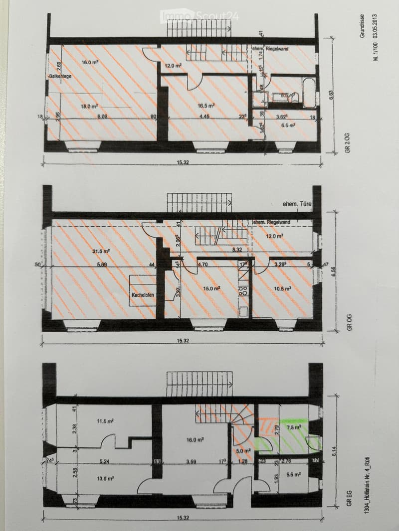 Floor Plan. Floor plan of a multi-level residential building showing three levels: ground floor (GR EG), first floor (GR 1. OG), and second floor (GR 2. OG). Each level includes labeled rooms with square footage, such as living areas, bedrooms, bathrooms,