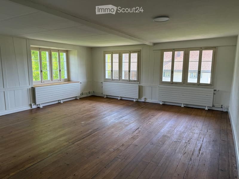 Empty room with wooden flooring, white walls, large windows, and radiators along the walls.