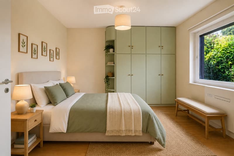 Cozy bedroom with a large bed, nightstand, bench, and built-in cabinet. Features a large window with a view of greenery, framed pictures on the wall, and a woven rug on the floor.