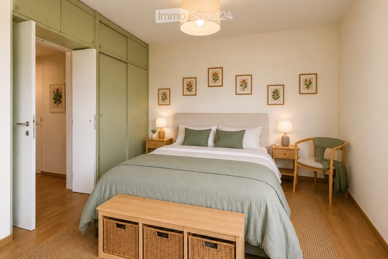 Cozy bedroom with a neatly made bed, nightstands, a wooden chair, and a small table with woven baskets underneath.