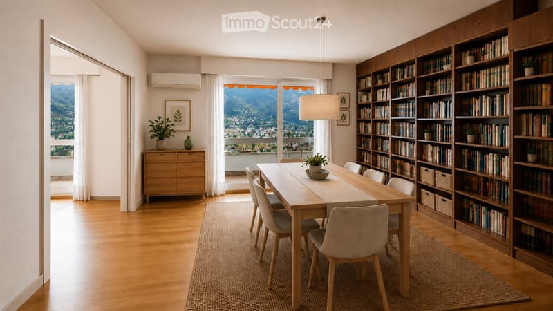 Bright dining area with wooden dining table, six chairs, large bookshelf filled with books, potted plants, and a scenic mountain view through large windows.